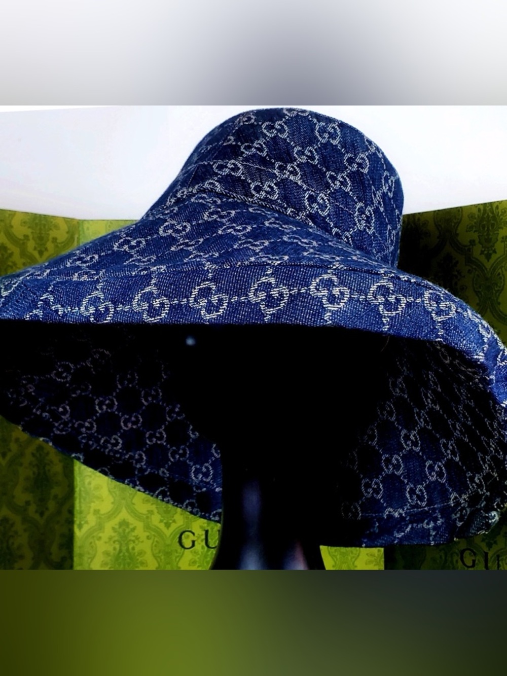 Denim Monogram Bucket Hat Large Wide Brim Jacquard Canvas Navy Blue Sun Beach - Picture 12 of 16